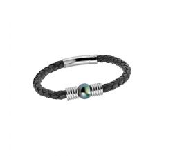 Bracelet cuir en noir et acier avec une perle de culture de Tahiti cerclée