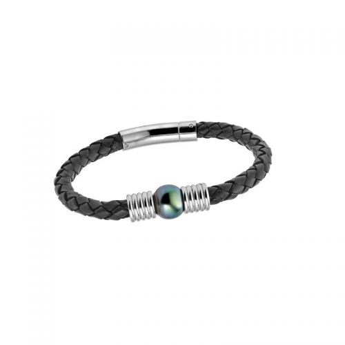 Bracelet cuir en noir et acier avec une perle de culture de Tahiti cerclée