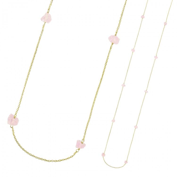 Sautoir Quartz rose brut traité argent doré or 18 carats