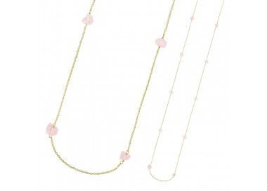 Sautoir Quartz rose brut traité argent doré or 18 carats