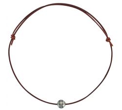 Collier cordon cuir marron orné d'une perle de culture de Tahiti cerclée