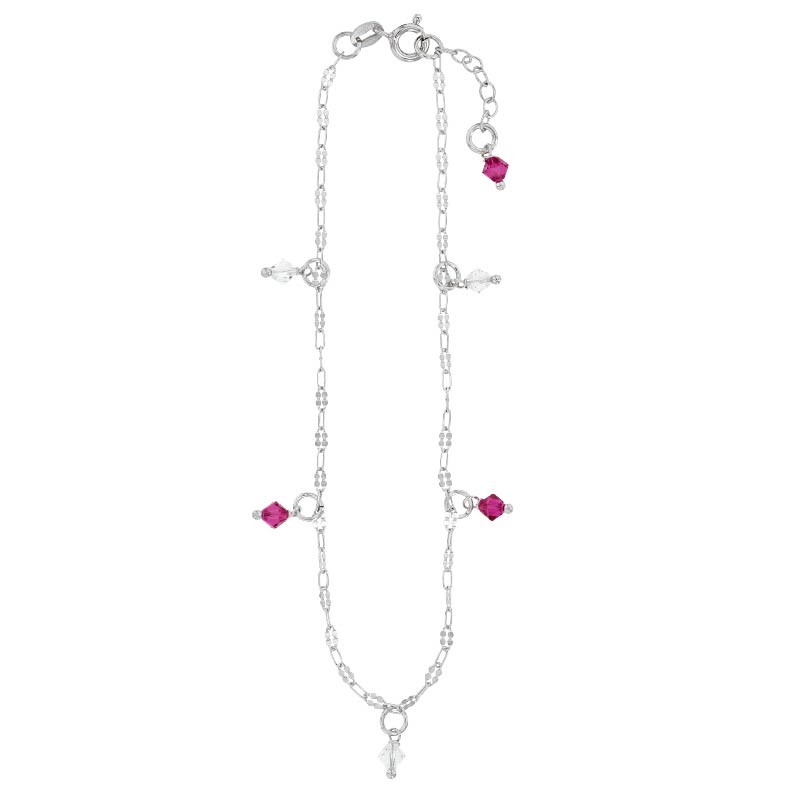 Chaîne de cheville argent platiné ornée de cristaux fuchsia et blanc