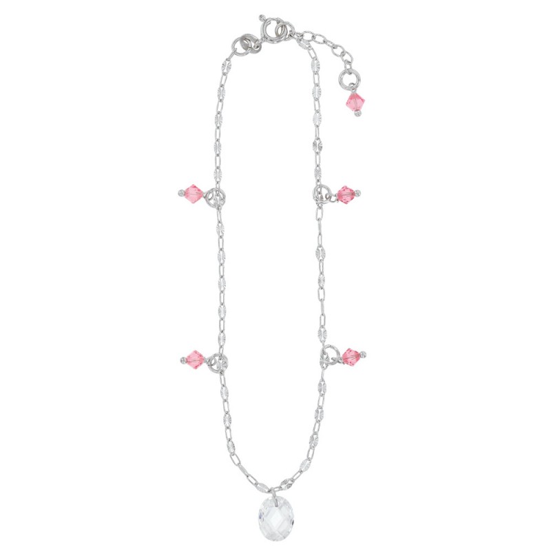 Chaîne de cheville argent platiné ornée de cristaux roses et blanc