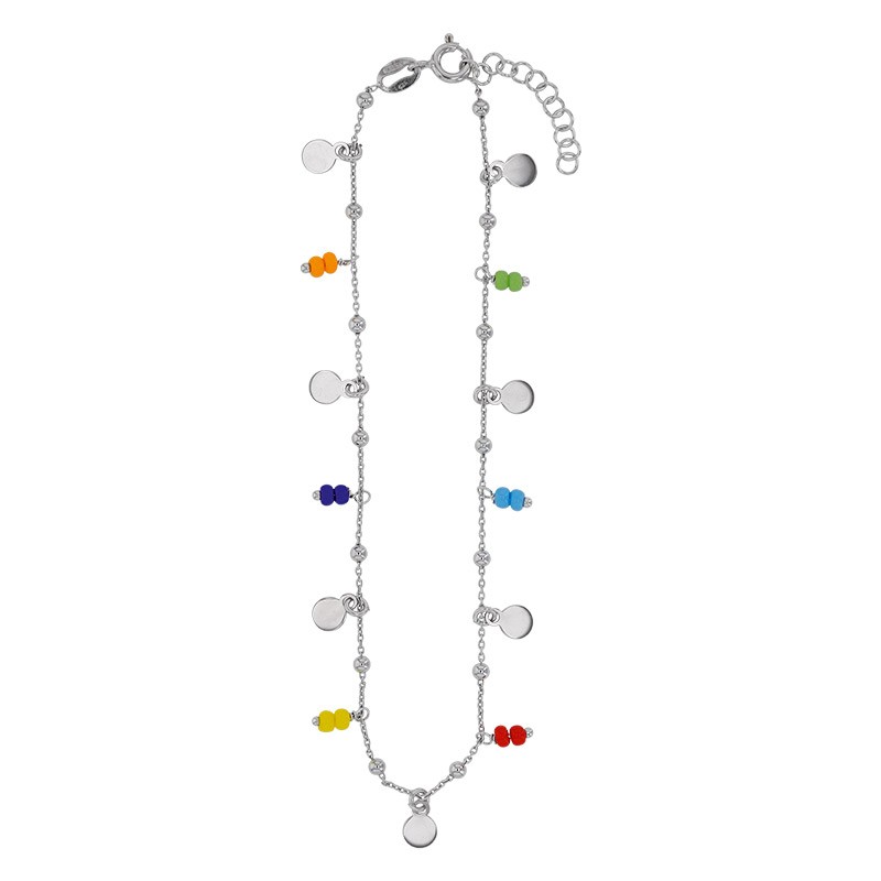  Chaîne de cheville argent platiné avec ronds et perles de verre de couleur