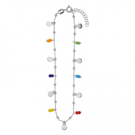  Chaîne de cheville argent platiné avec ronds et perles de verre de couleur