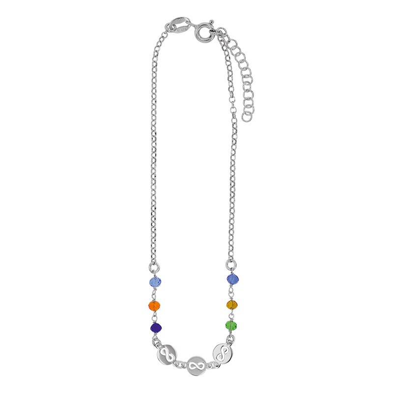 Chaîne de cheville argent platiné signes infinis et perles de verre de couleur