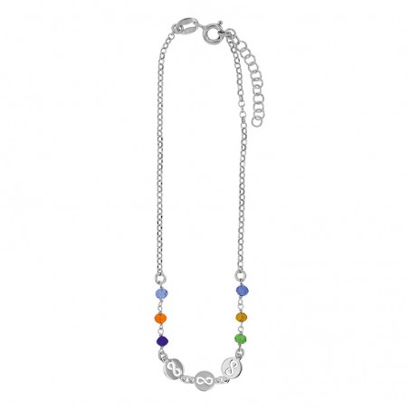 Chaîne de cheville argent platiné signes infinis et perles de verre de couleur