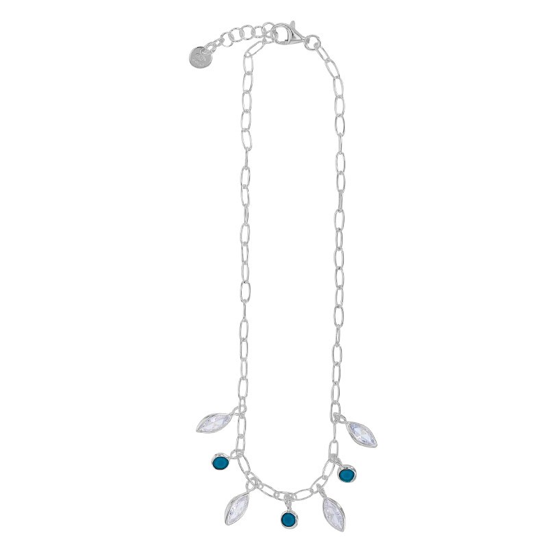 Chaîne de cheville argent pampilles oxydes et pierres synthétiques bleues