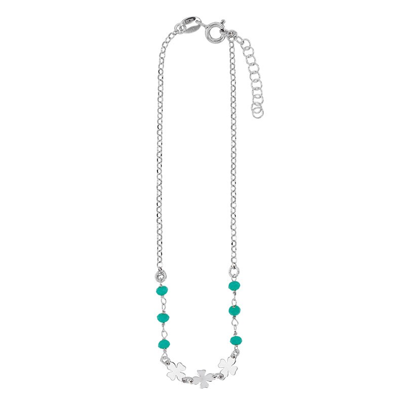 Chaîne de cheville argent platiné trèfles et perles de verre vert d'eau