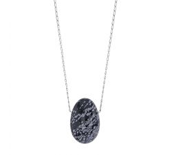 Long collier Obsidienne flocon de neige chaîne argent platiné 55 cm