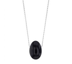 Long collier pierre naturelle Obsidienne noire chaîne argent platiné 55 cm