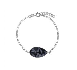 Bracelet Obsidienne flocon de neige, chaîne argent 925/1000 platiné