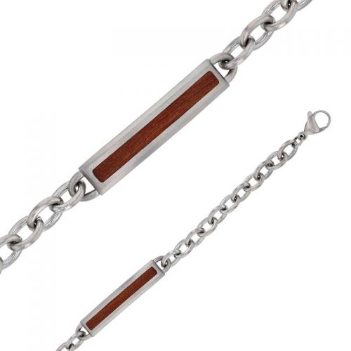 Bracelet acier avec rectangle acier et bois pour homme ajustable