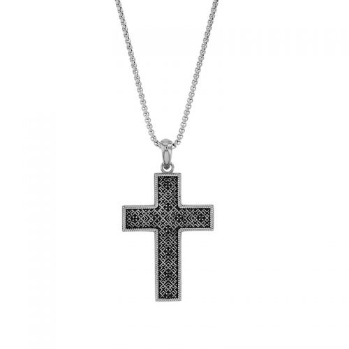 Collier homme grande croix Baroque acier ornée d'oxydes teintés noirs