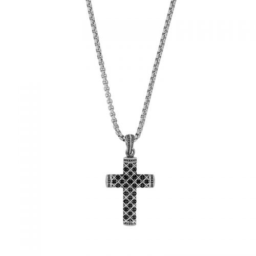 Collier homme petite croix Gothique acier avec 48 oxydes teintés noirs
