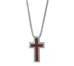 Collier acier homme maille vénitienne pendentif croix acier et bois