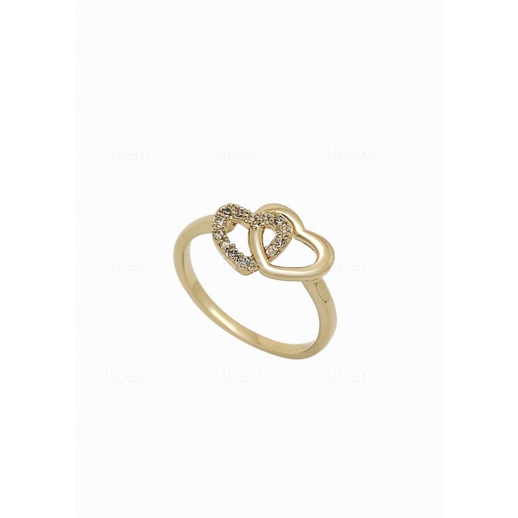 Bague plaqué or double cœur ajouré sertis cristaux