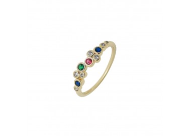 Bague fine serti cristaux multicolore motif arrondi plaqué or