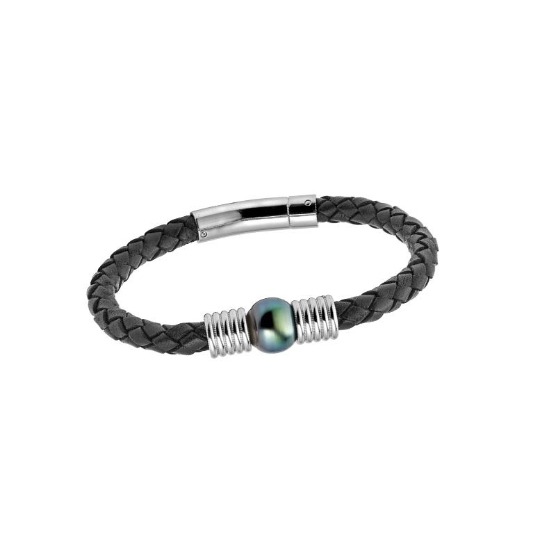 Bracelet cuir en noir et acier avec une perle de culture de Tahiti cerclée Bracelet cuir en noir et acier avec une perle de culture de Tahiti cerclée