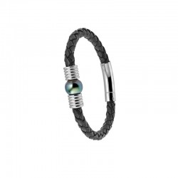Bracelet cuir en noir et acier avec une perle de culture de Tahiti cerclée