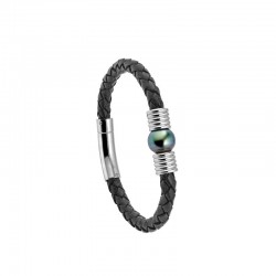 Bracelet cuir en noir et acier avec une perle de culture de Tahiti cerclée