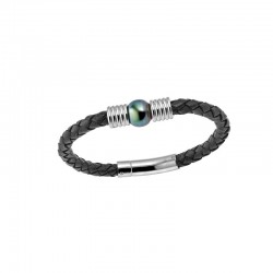Bracelet cuir en noir et acier avec une perle de culture de Tahiti cerclée
