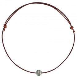 Collier cordon cuir marron orné d'une perle de culture de Tahiti cerclée