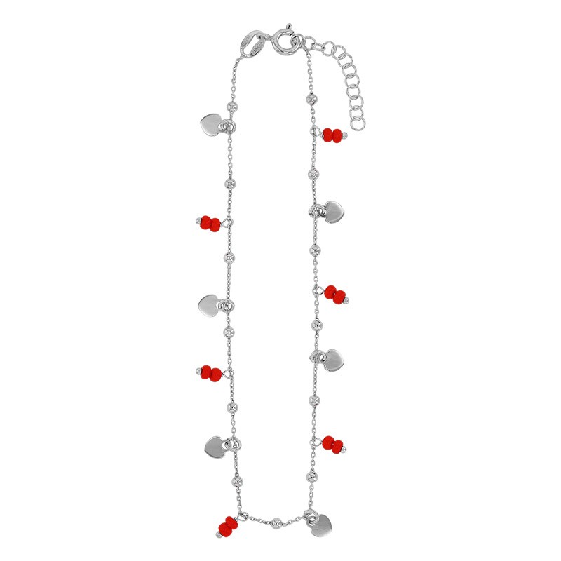 Chaîne de cheville argent platiné avec coeurs et perles de verre rouges Chaîne de cheville argent platiné avec coeurs et perles de verre rouges