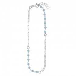 Chaîne de cheville argent maille allongée avec des perles de verre bleu aigue-marine