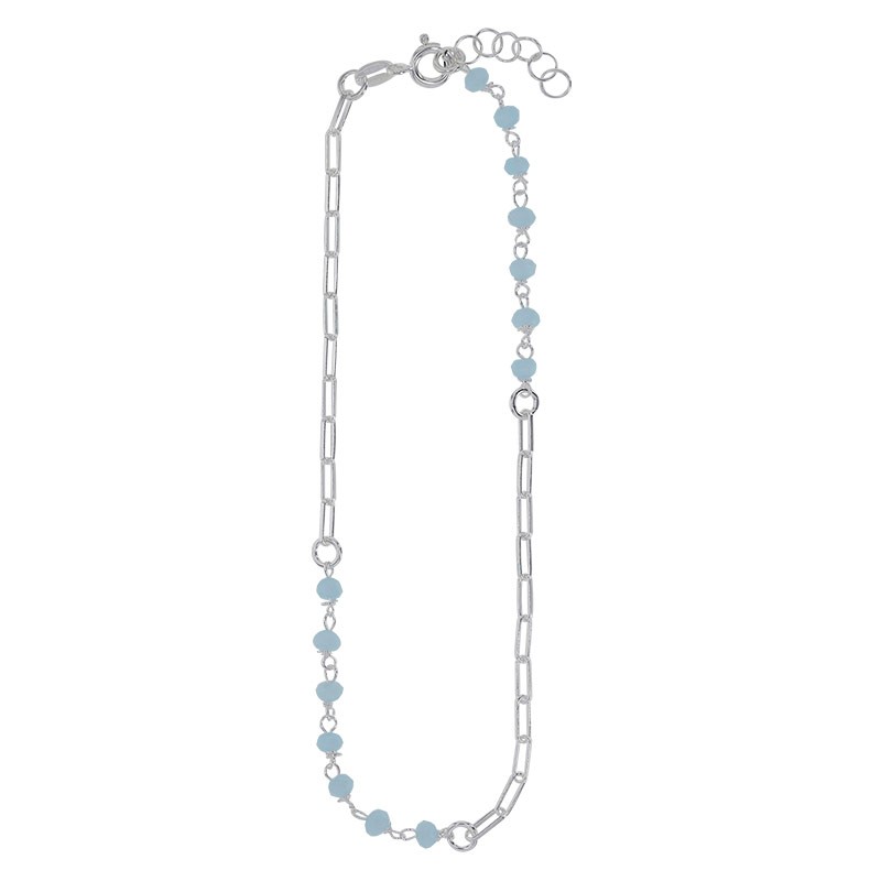 Chaîne de cheville argent maille allongée avec des perles de verre bleu aigue-marine Chaîne de cheville argent maille allongée avec des perles de verre bleu aigue-marine