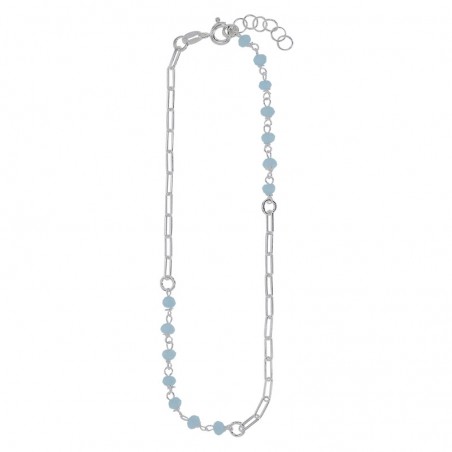 Chaîne de cheville argent maille allongée avec des perles de verre bleu aigue-marine