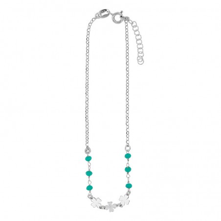Chaîne de cheville argent platiné trèfles et perles de verre vert d'eau