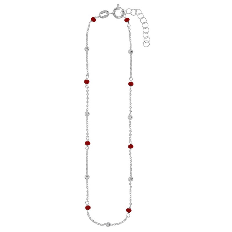 Chaîne de cheville argent boules et perles de verre rouges Chaîne de cheville argent boules et perles de verre rouges