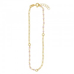 Chaîne de cheville argent doré maille allongée perles de verre quartz rose