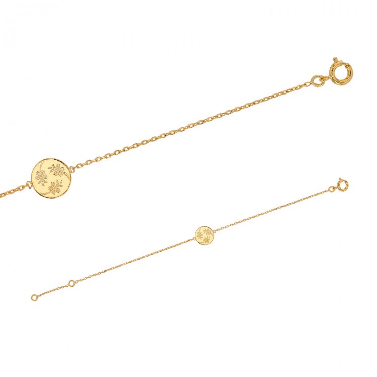 Bracelet Plaqué or avec rond orné de fleurs gravées Bracelet Plaqué or avec rond orné de fleurs gravées