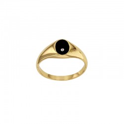 Petite chevalière ovale plaqué or pierre onyx incrusté d'un oxyde 