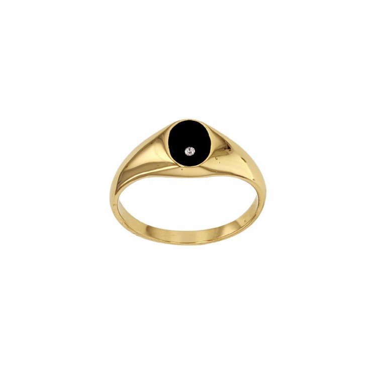 Petite chevalière ovale plaqué or pierre onyx incrusté d'un oxyde Petite chevalière ovale plaqué or pierre onyx incrusté d'un oxyde