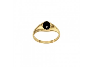 Petite chevalière ovale plaqué or pierre onyx incrusté d'un oxyde 