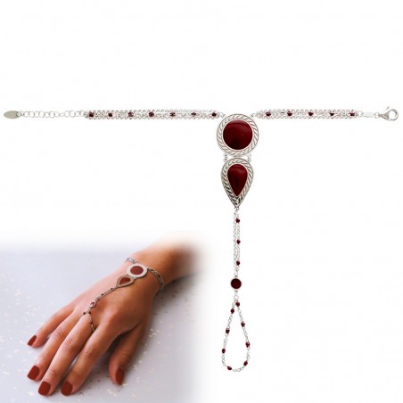 Bracelet-bague multirang "Orient", argent 925/1000 platiné émail bordeaux