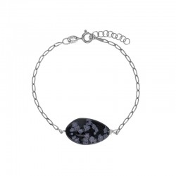 Bracelet Obsidienne flocon de neige, chaîne argent 925/1000 platiné
