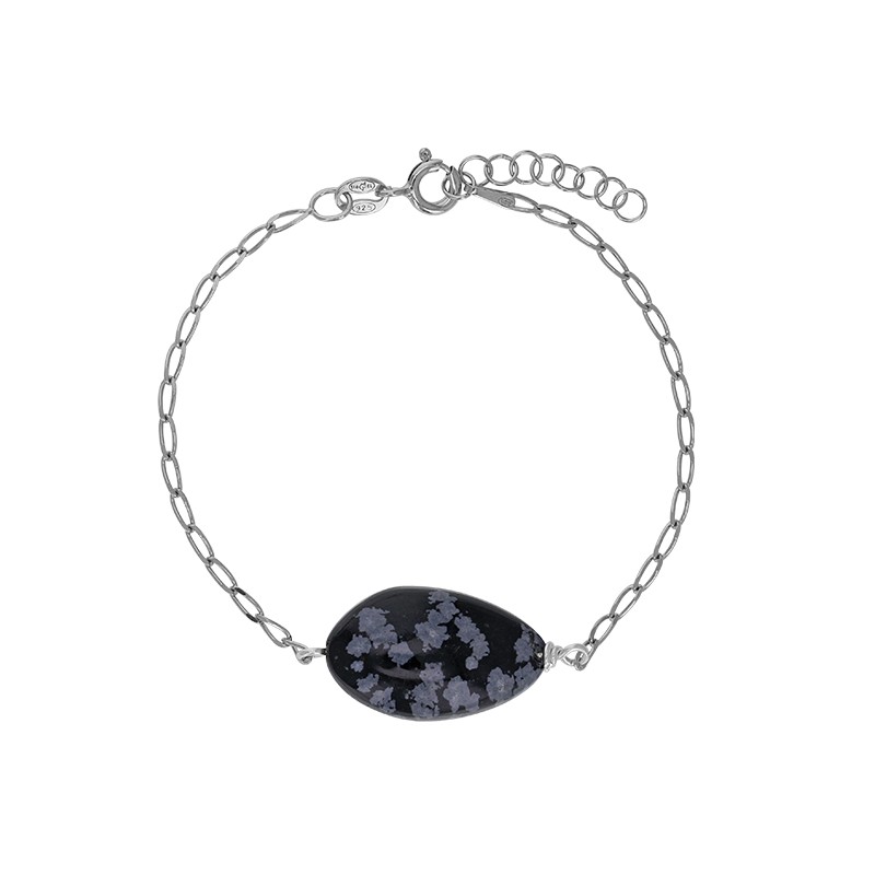 Bracelet Obsidienne flocon de neige, chaîne argent 925/1000 platiné Bracelet Obsidienne flocon de neige, chaîne argent 925/1000 platiné