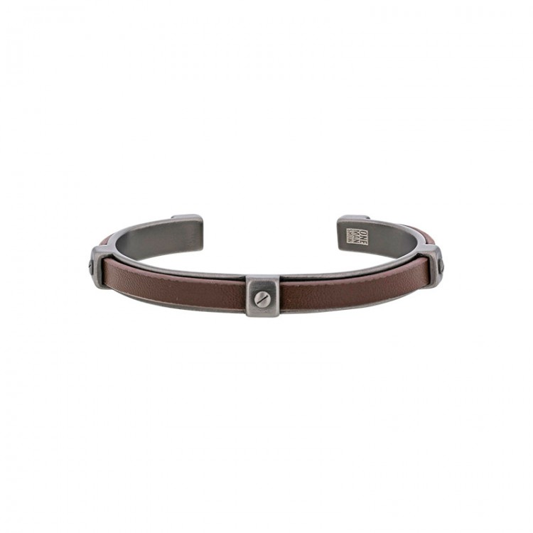 Bracelet jonc acier vieilli et cuir de bovin marron foncé Bracelet jonc acier vieilli et cuir de bovin marron foncé