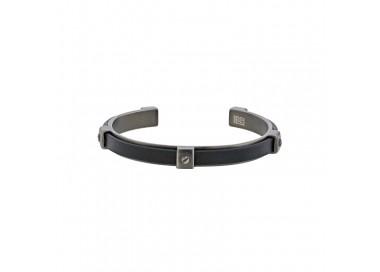 Bracelet jonc acier vieilli et cuir de bovin noir