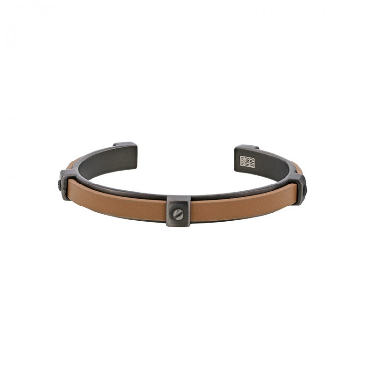 Bracelet jonc acier vieilli et cuir de bovin marron gold Bracelet jonc acier vieilli et cuir de bovin marron gold