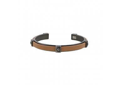 Bracelet jonc acier vieilli et cuir de bovin marron gold