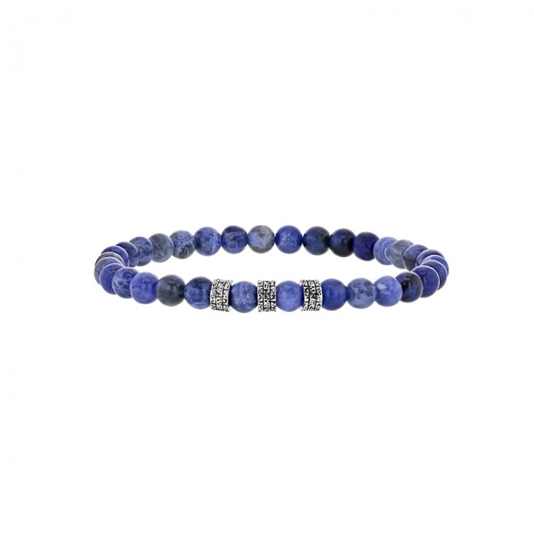Bracelet pierre sodalite bleu et perles acier ciselé avec élastique Bracelet pierre sodalite bleu et perles acier ciselé avec élastique