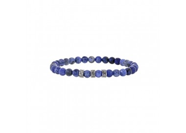 Bracelet pierre sodalite bleu et perles acier ciselé avec élastique