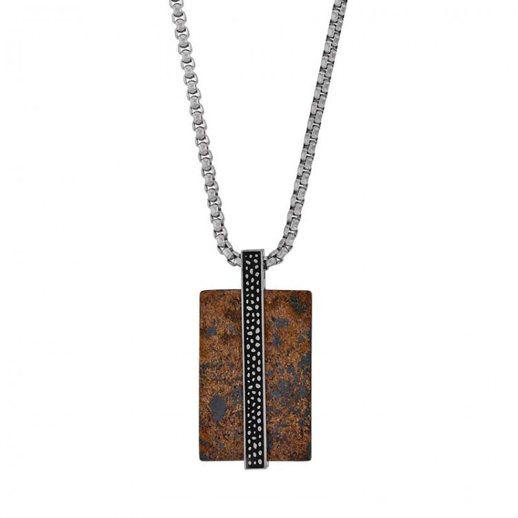 Collier en acier design "reptile" et rectangle en Bronzite Collier en acier design "reptile" et rectangle en Bronzite