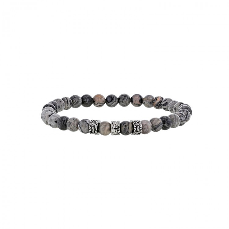Bracelet homme pierre japse gris et perles acier ciselé avec élastique Bracelet homme pierre japse gris et perles acier ciselé avec élastique