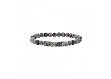 Bracelet homme pierre japse gris et perles acier ciselé avec élastique